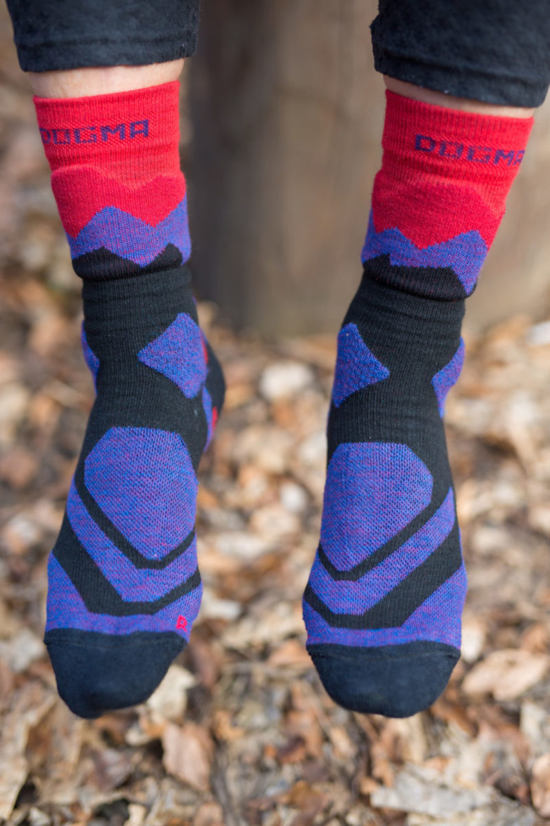 hiking socks in purple and fiery red color